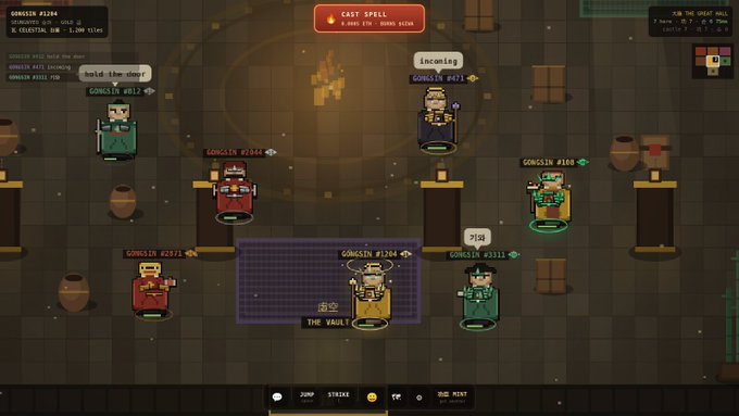 A pixel-art video game scene set in a saloon with characters labeled 'GONGSTA', 'CELESTIAL', and 'KOBALT', featuring text like 'hold the door', 'incoming', and '?!?!' during a 'CAST SPELL' event.