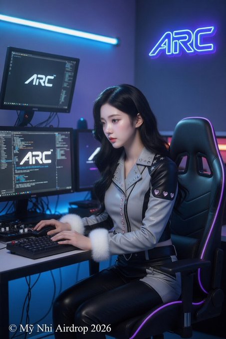 The image features a woman sitting at a desk with multiple computer monitors behind her, wearing a gray jacket and black pants. The monitor closest to the viewer displays "ARC" written in white letters. Another monitor is visible further back, but its content is not clear from this angle. A keyboard can be seen on the desk as well. The image also includes text that reads "Hello Lazed ARC Terminal – Real Onchain AI OS with True Privacy @TheARCTERMINAL introduces ANIMA: a full AI Operating System that runs entirely in your browser, onchain."