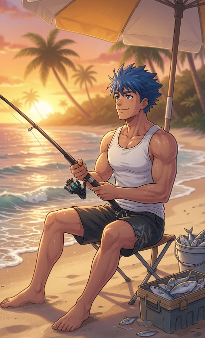 A muscular anime-style man with blue hair sits on a beach at sunset, fishing from a small stool under an umbrella, with a bucket and crate of caught fish beside him. The image metaphorically illustrates the post's theme of simplicity—casting a single line and patiently waiting for results, much like how @useTria focuses on streamlined, user-friendly crypto experiences rather than adding unnecessary complexity.