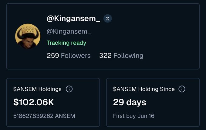 A profile card for X user @Kingansem_ shows a portfolio holding of $102.06K worth of 5,186,278,839,262 $ANSEM tokens, accumulated over 29 days since first buying on June 16. The image visually reinforces the post's gratitude toward @blknoiz06 by displaying the substantial $ANSEM holdings still intact from the airdrop gift.
