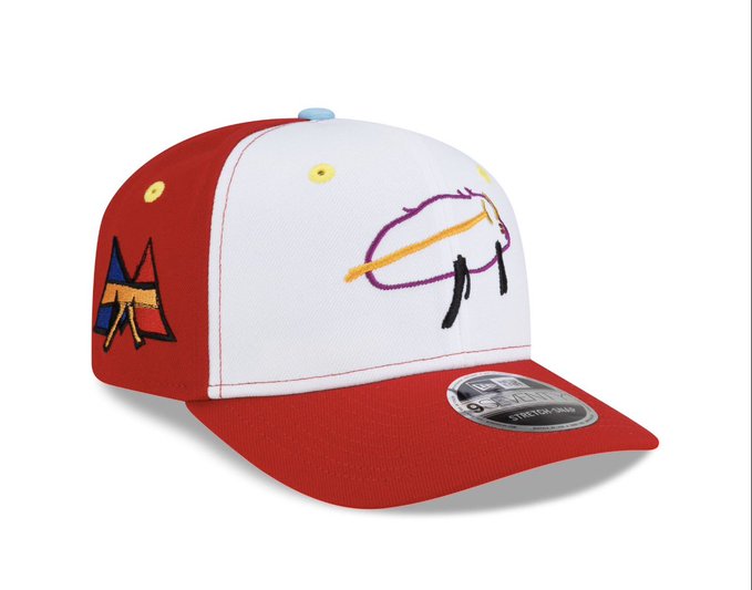 A red and white snapback hat featuring embroidered details including a mountain logo and a face with a purple hat and yellow pencil.