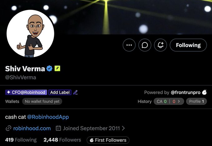 The image shows a Twitter/X profile for Shiv Verma (@ShiVerma), Robinhood's CFO, with the display name "cash cat @RobinhoodApp" highlighted in his bio. The post humorously points out that Robinhood's CFO has "cash cat" as his username, playfully connecting it to the company's branding.
