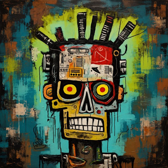 A colorful abstract painting featuring a stylized skull-like face with bright yellow eyes, spiky black hair, and a wide toothy grin, set against a textured blue and green background reminiscent of Jean-Michel Basquiat's style.