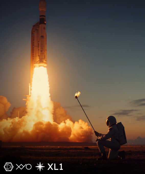 A digitally edited image showing an astronaut kneeling and holding a lit torch while a space shuttle launches in the background, with logos for XYO and XL1 at the bottom.
