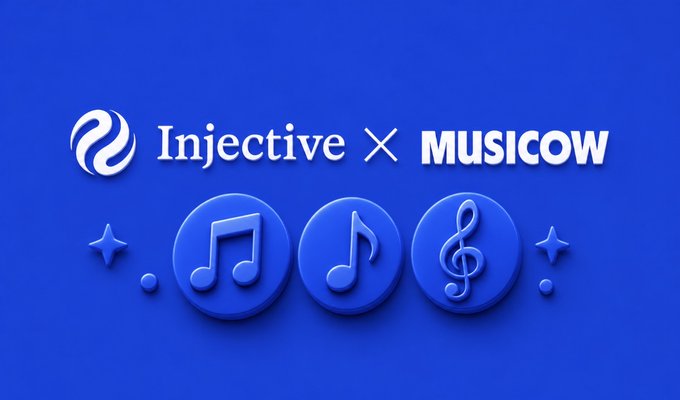 The image features a blue background with white text, including the words "Injective" and "Musiccov", as well as three musical notes and a treble clef. The text also includes the phrase "Fans have been streaming songs and building someone else’s bag for years. That changes today." This suggests that there is an event or promotion related to music, possibly involving fans purchasing a song or album from Musiccov.