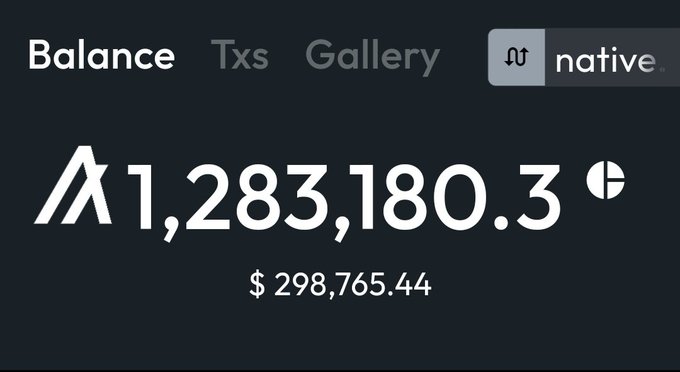 A digital wallet displays a balance of '1,283,180.3' valued at '$298,765.44' on the 'native' network.