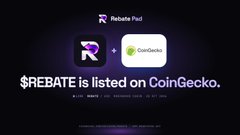 A dark crypto graphic says “$REBATE is listed on CoinGecko,” with Rebate Pool and CoinGecko logos at the top.