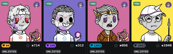 Row of four cartoon-style unlisted NFT character portraits with various stats showing UNLISTED status, price tags, and heart/star metrics.