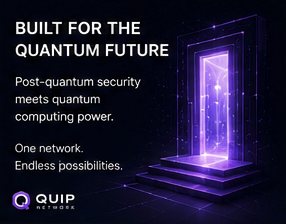 The image features an open door with purple lights, which appears to be the entrance to a new world or dimension. The text above the door reads "Built for the Quantum Future" and below it says "Post-Quantum security meets Quantum computing power". This suggests that the door is designed to withstand the challenges of the future by incorporating advanced technology and security measures into its structure, making it resistant to potential threats in a post-quantum world.