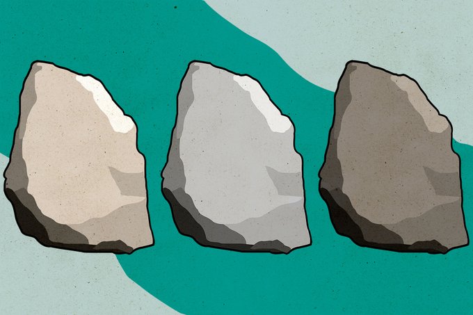 An illustration depicts three stones of varying shades (beige, light gray, and dark gray) standing upright against a teal and light blue background.