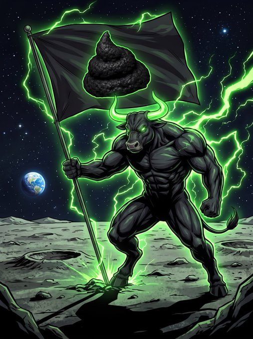 A digital illustration depicts a muscular, black, bull-like humanoid with glowing green eyes standing on a lunar landscape, holding a black flag with a poop emoji on it, surrounded by green lightning.