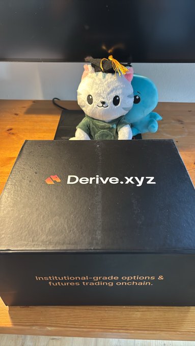 Two plush mascots, one wearing a graduation cap, pose behind a black box displaying the "Derive.xyz" logo and the tagline "Institutional-grade options & futures trading onchain." The image appears to celebrate receiving a promotional package from Derive.xyz.