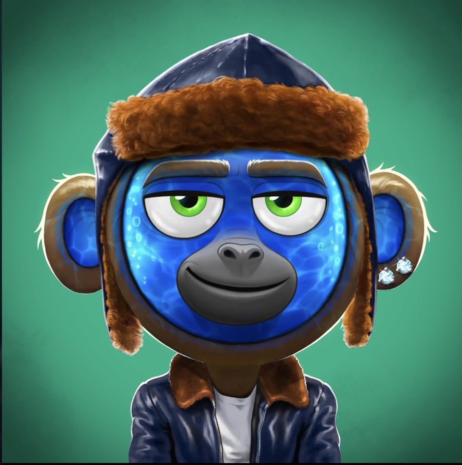A digital NFT-style illustration of a blue ape character wearing a dark blue aviator hat with brown fur trim and a matching jacket.