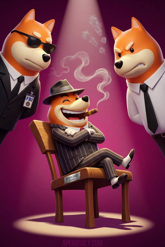 A 3D-rendered illustration from APEINDAILY.COM featuring three Shiba Inu dog characters in a noir/detective theme, with one wearing an FBI badge and sunglasses, another in a pinstripe suit smoking a cigar in a chair labeled 'BONDAO 5.COM', and a third in a white shirt and tie.