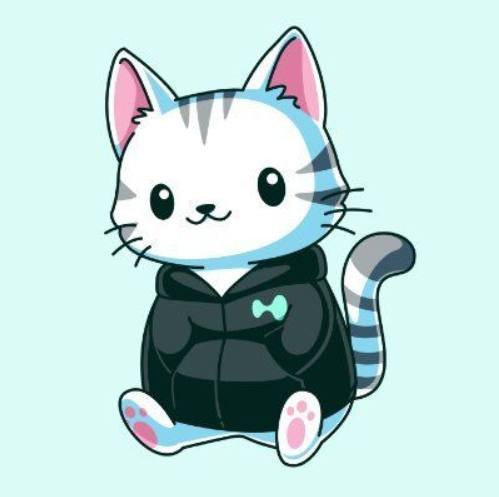 A cute cartoon cat with gray and white stripes, wearing a black hoodie, sits against a light blue background, matching the "Just bought $PURR on $HYPE" post. The image ties to the post by representing the $PURR token's cat theme, complementing the bullish message about buying and holding early.