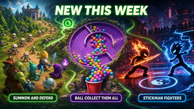 Mobile game promotional banner with "NEW THIS WEEK" featuring three game modes: "SUMMON AND DEFEND" (fantasy castle defenders), "BALL COLLECT THEM ALL" (colorful ball maze), and "STICKMAN FIGHTERS" (neon combat).