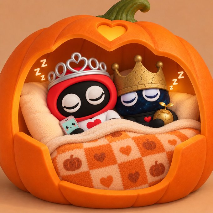 A cute 3D-rendered illustration of two round mascot characters wearing crowns, sleeping together under a blanket inside a carved pumpkin, with 'Zzz' sleep indicators.