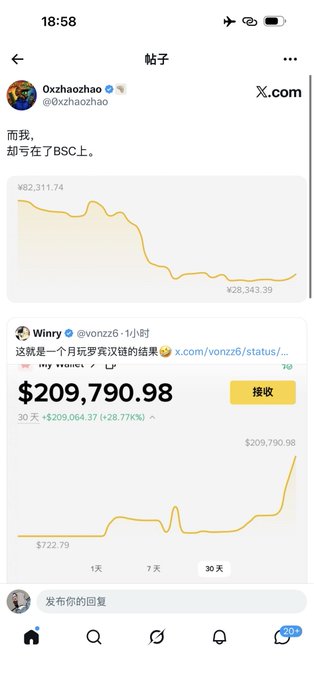 A screenshot of a social media post showing cryptocurrency price charts, with text mentioning BSC and a price of $209,790.98 with a 30-day change of +$209,064.37 (+28,770%).