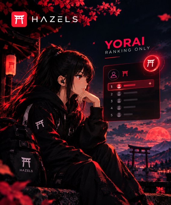 Anime-style promotional graphic for 'HAZELS' featuring a dark-haired character under red maple leaves with 'YORAI RANKING ONLY' leaderboard.