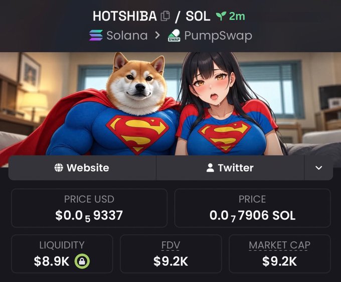 A cryptocurrency meme coin page for HOTSHIBA/SOL on Solana's PumpSwap displays anime-style Shiba Inu and girl characters dressed as Superman, with a price of $0.059337 USD and $8.9K liquidity.