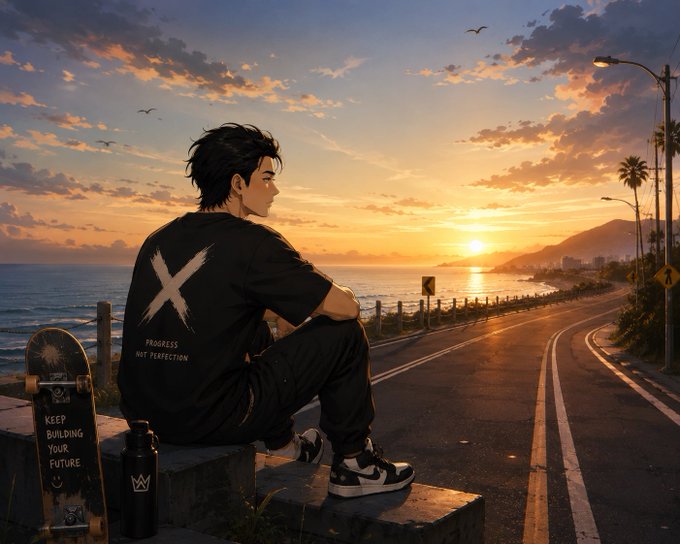 An anime-style illustration of a dark-haired boy in a black outfit sitting on a ledge overlooking a coastal road at sunset, next to a skateboard that reads 'KEEP BUILDING YOUR FUTURE.'