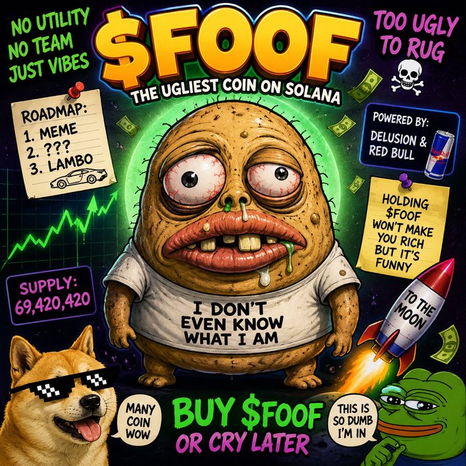 A promotional crypto meme image for "$FOOF," self-described as "The Ugliest Coin on Solana," featuring a grotesque cartoon character with a t-shirt reading "I don't even know what I am," surrounded by text like "No utility, no team, just vibes" and a supply of 69,420,420 tokens. The bottom call-to-action "BUY $FOOF OR CRY LATER" ties directly to the pump.fun link, encouraging viewers to join the token's speculative launch page.