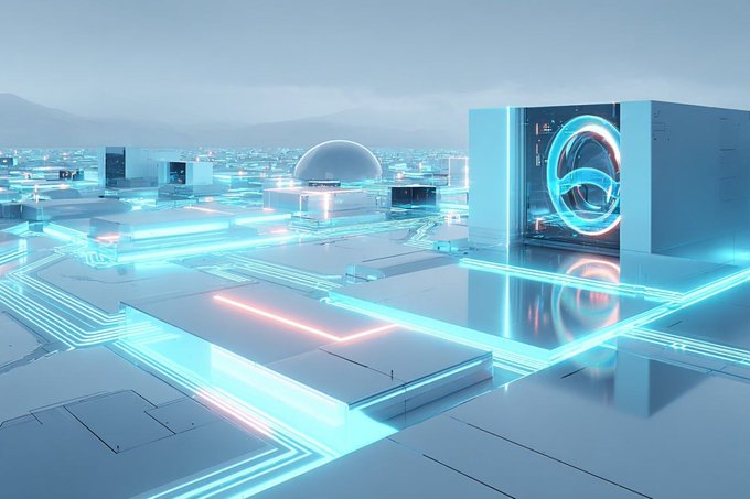 A futuristic, glowing cityscape rendered in neon blue and white, featuring a prominent cube with a circular cutout labeled "TOKEN," visually representing the digital, on-chain convergence of crypto and traditional markets highlighted in the post about the $ANYONE / $NET liquidity pool on Robinhood Chain.