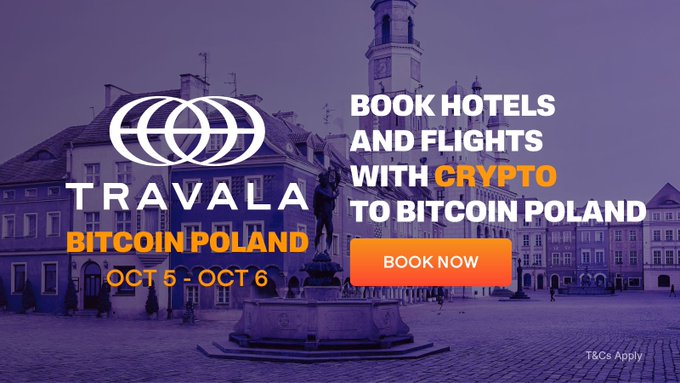 A promotional advertisement for Travala Bitcoin Poland event from Oct 5-6, inviting users to book hotels and flights with crypto, featuring a purple-tinted image of a European town square.