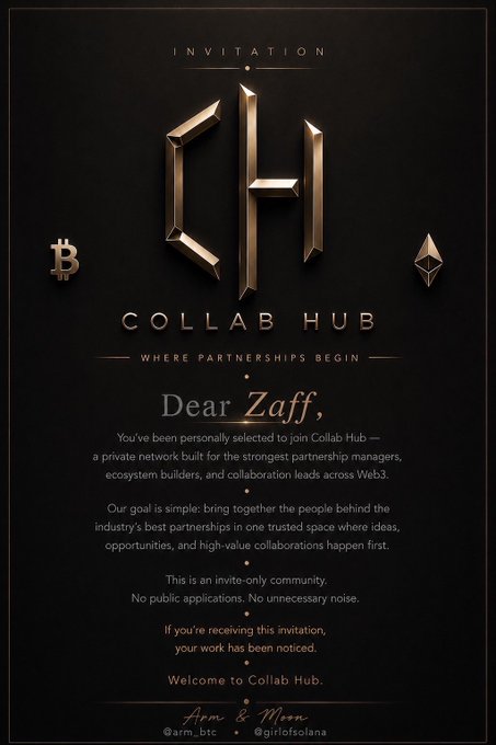 An elegant black and gold invitation card for 'COLLAB HUB — Where Partnerships Begin' addressed to 'Zaff' from Arm (@arm_btc) and Moon (@girlfromsolana), featuring Bitcoin and Ethereum logos.