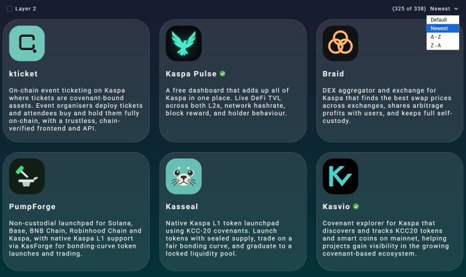 A screenshot of a Kaspa ecosystem website displaying Layer 2 projects including kticket, Kaspa Pulse, Braid, PumpForge, Kasseal, and Kasvio.