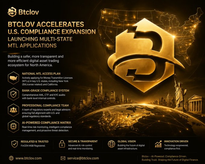 A promotional graphic for 'Btclov' announces their U.S. compliance expansion, highlighting features like their National MTL Access Plan and AI-Powered Compliance Matrix against a gold-toned cityscape background.