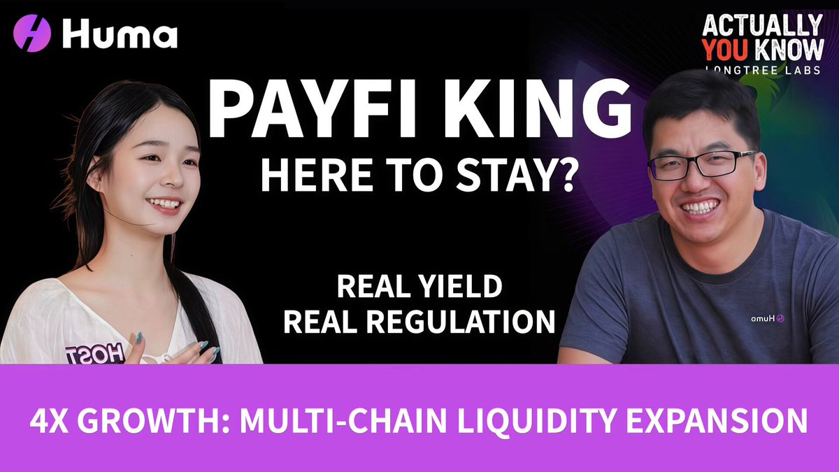 The image features a man and woman smiling at the camera, with text overlaying them that reads "Here to Stay?". The background of the image is black, making the white text stand out prominently. The text also includes mentions of "Huma", "Payfi King", "Real yield real regulation", and "4x growth".