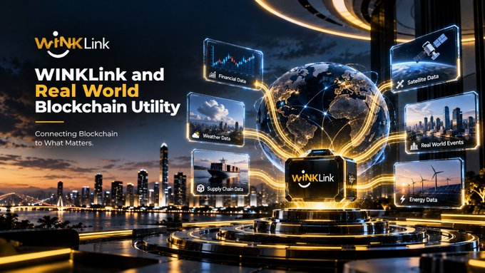 Promotional graphic for WinkLink and its 'Real World Blockchain Utility' initiative, showing a globe surrounded by data cards for Financial, Satellite, Weather, Supply Chain, Real World Events, and Energy Data.