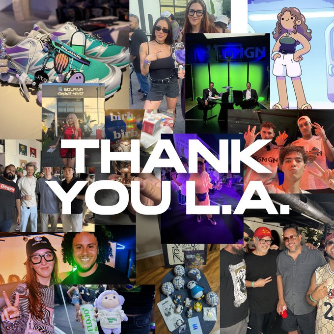 A photo collage with large white 'THANK YOU L.A.' text overlaid, featuring various images including people at events, sneakers, an IGN studio set, a 'SOLANA SUMMER HOUSE' banner, and event attendees.