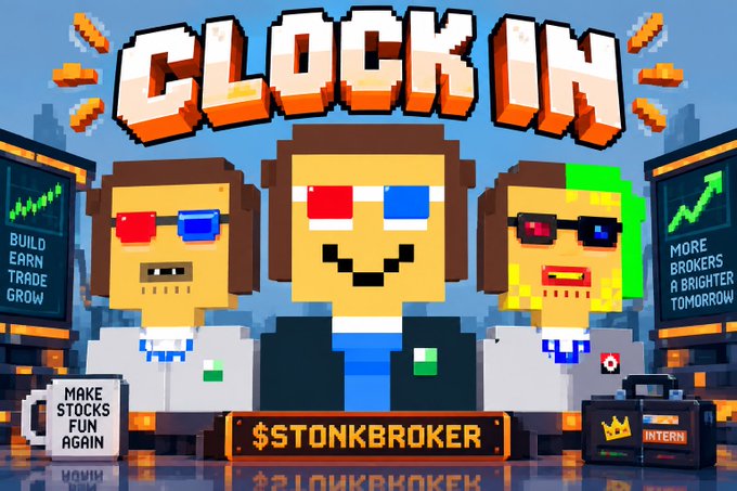 Pixel-art promotional graphic titled 'CLOCK IN' featuring three stylized figures and a '$STONKBROKER' ticker, with text including 'BUILD EARN TRADE GROW' and 'MORE BROKERS A BRIGHTER TOMORROW'.