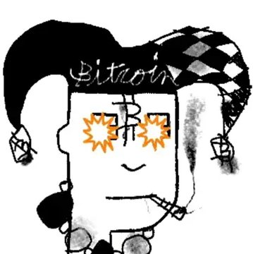 A rough digital drawing of a character with half-black, half-checkered hair, a "B" on their face, and starburst eyes, with the word "Bitconn" (or similar) written at the top.