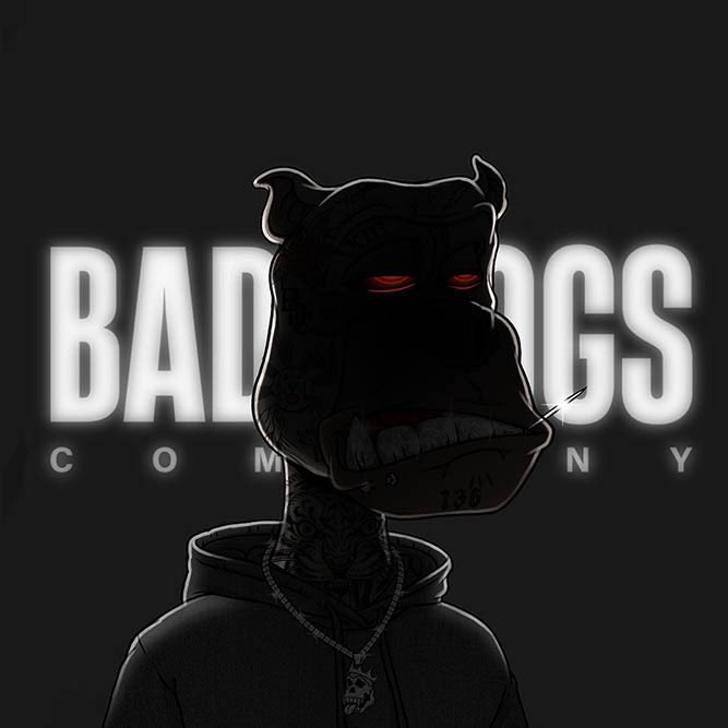 A dark illustration featuring a shadowy demonic figure with glowing red eyes, facial tattoos, and a chain, set against the "BAD DOGS COMPANY" logo.