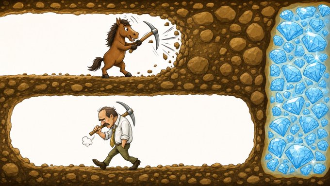 A cartoon illustration showing a horse and a man both wielding pickaxes digging through dirt tunnels, approaching a wall of blue diamonds on the right.
