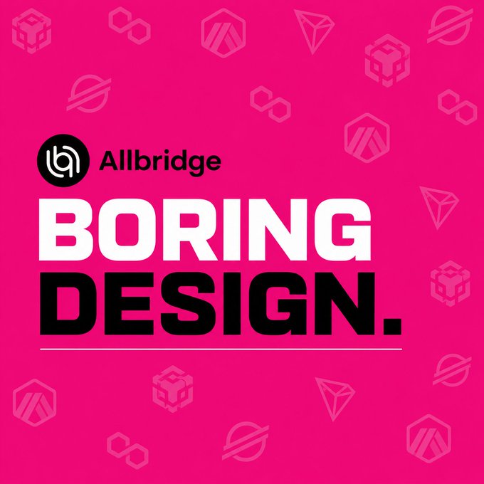 A promotional graphic with 'Allbridge' logo and 'BORING DESIGN.' text in black and white on a bright pink background with subtle geometric patterns.
