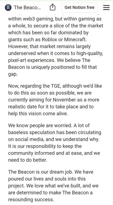 Mobile screenshot of a Notion page from 'The Beacon' discussing web3 gaming market positioning, a Token Generation Event planned for November, and addressing community concerns about speculation.