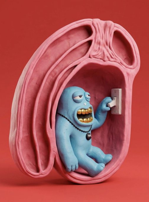 A blue cartoonish creature with gold teeth and a yin-yang necklace sits inside a pink anatomical heart sculpture, reaching for a light switch on the wall, set against a red background. The surreal, edgy artwork reflects the meme-style post's irreverent tone, using the "holding t00ns" reference as a tongue-in-cheek solution to a personal problem while playfully reclaiming missed whitelist opportunities.