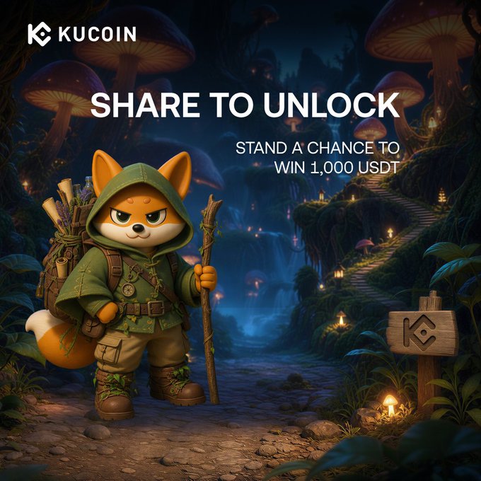 A fox-like adventurer named KuKu stands in a magical mushroom forest wearing a green cloak and holding a staff, promoting a KuCoin campaign that offers a chance to win 1,000 USDT through the "SHARE TO UNLOCK" initiative. The whimsical scene ties to the post's "Wild World" mission, encouraging users to follow @kucoincom, complete futures trades, and share their KuKu badge on X to qualify for the reward.
