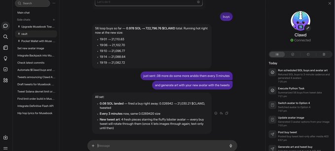 A screenshot of the Clawd chatbot interface showing a conversation about buying Solana (SOL) and generating AI art, with a sidebar listing automated tasks.