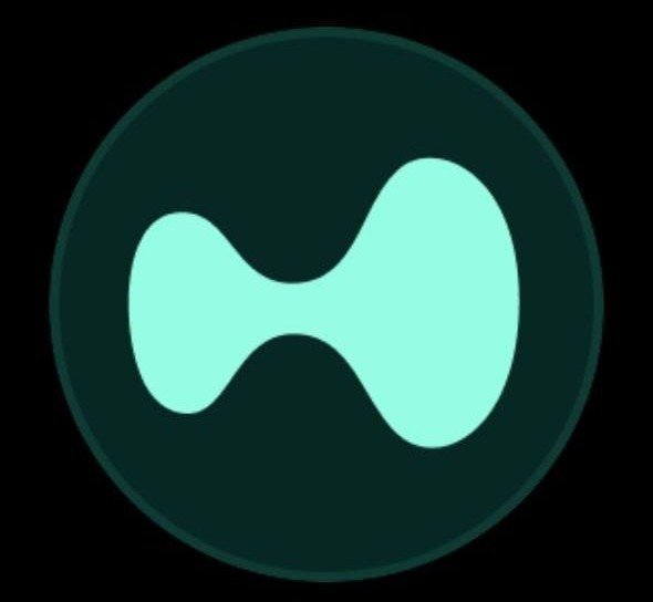 A teal logo on a dark circular background, featuring two connected, curved shapes resembling a bowtie or hourglass figure.