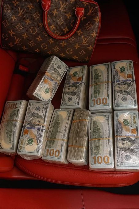 A Louis Vuitton monogram Speedy handbag rests on a red leather car seat surrounded by eight thick stacks of $100 bills bound with orange bands, visualizing the caption's promise of "never running out of money."