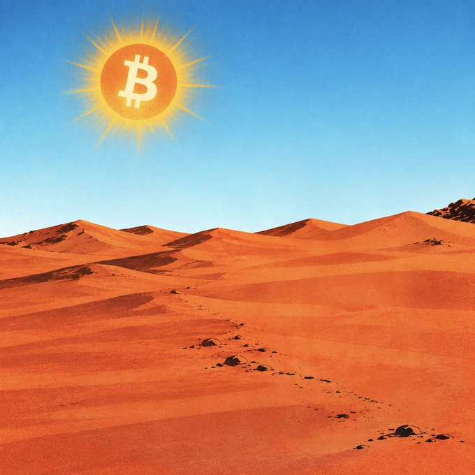 Digital artwork of a desert landscape with orange sand dunes beneath a blue sky, where a Bitcoin symbol serves as the sun radiating yellow light.
