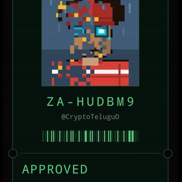 A pixel art character wearing a Santa hat and red outfit with a barcode below, displaying "ZA-HUDBM9" by @CryptoTelugu0 with an "APPROVED" status. The image serves as proof of whitelist approval for the @zaddrnet application mentioned in the post, showing the user's successful selection out of 21,996 total applicants.