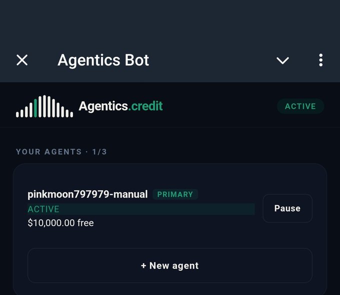 A dashboard for "Agentics Bot" showing an active agent "pinkmoon797979-manual" marked as PRIMARY with $10,000.00 free balance and a 1/3 agents limit.