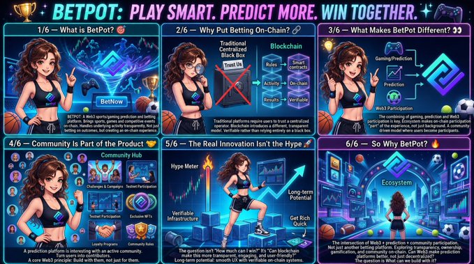 A promotional infographic titled 'BETPOT: PLAY SMART. PREDICT MORE. WIN TOGETHER.' explaining a prediction platform through six illustrated panels featuring a female character.