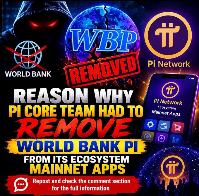 A promotional graphic asking "REASON WHY PI CORE TEAM HAD TO REMOVE WORLD BANK PI FROM ITS ECOSYSTEM MAINNET APPS," featuring the Pi Network (π) logo, a cracked globe stamped "REMOVED," a hooded figure with glowing red eyes, and a smartphone displaying the Pi Network Ecosystem Mainnet Apps interface, directing viewers to the comment section for full details.